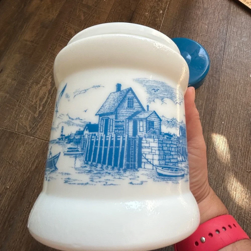 Vintage Belgium Delft Blue Milk Glass Canister Nautical Lighthouse Scene 6in